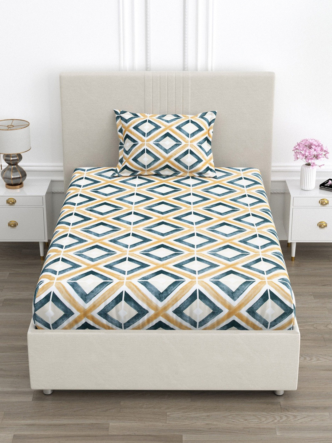 FABROLI Multicoloured 300 TC Single Bedsheet with 1 Pillow Covers