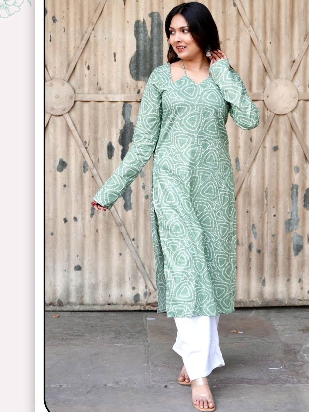RAJAM Women Printed Halter Neck Flared Sleeves Thread Work Kurta