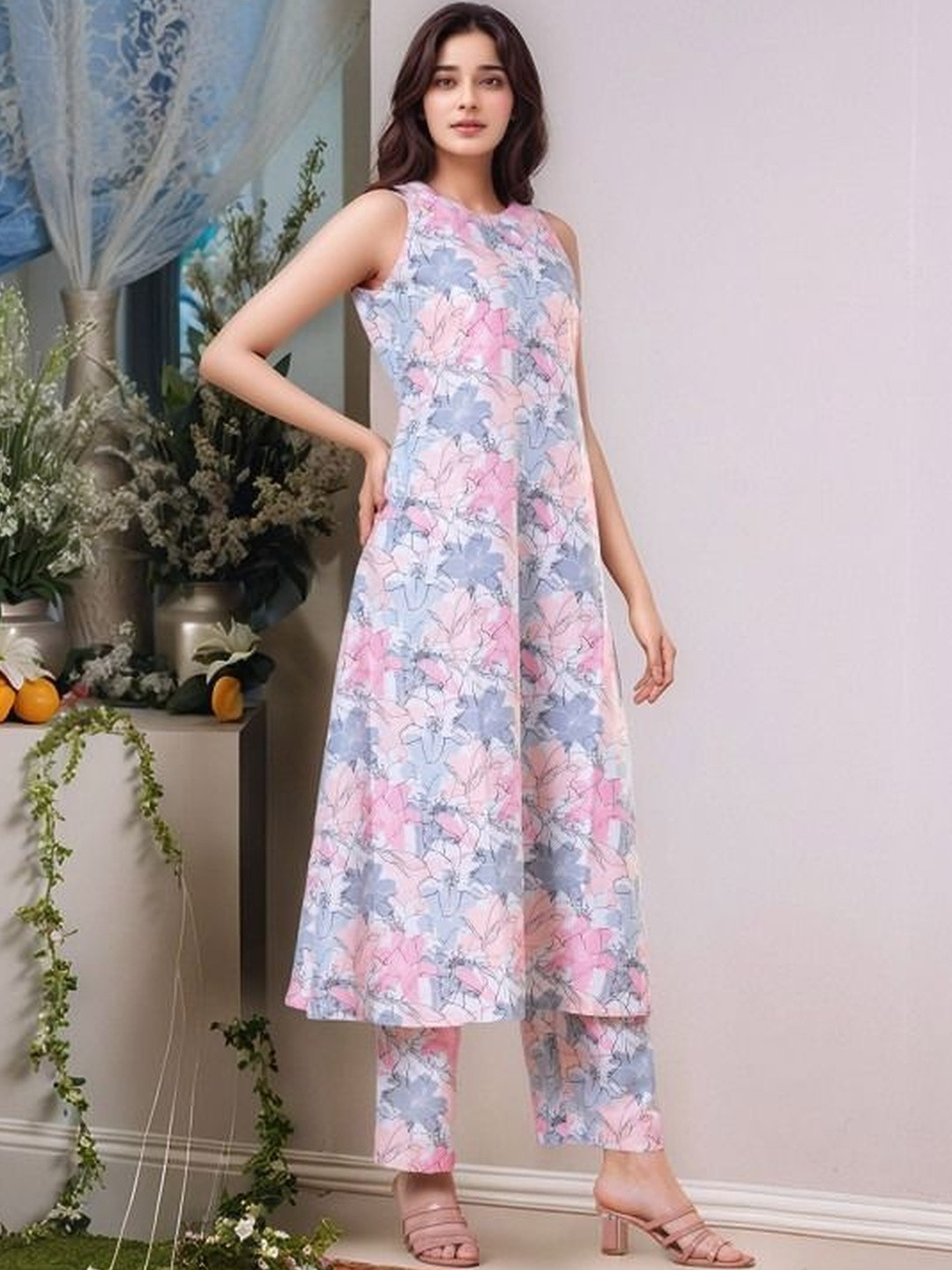 THEOMFAB Women Floral Printed Regular Kurta with Trousers
