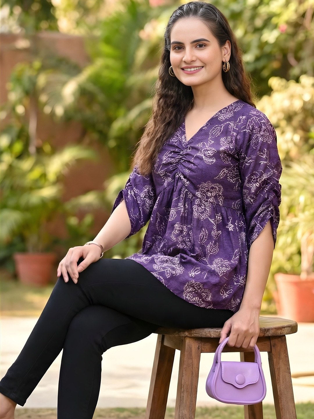 HIALTO Floral Printed V-Neck Gathered Cotton Top