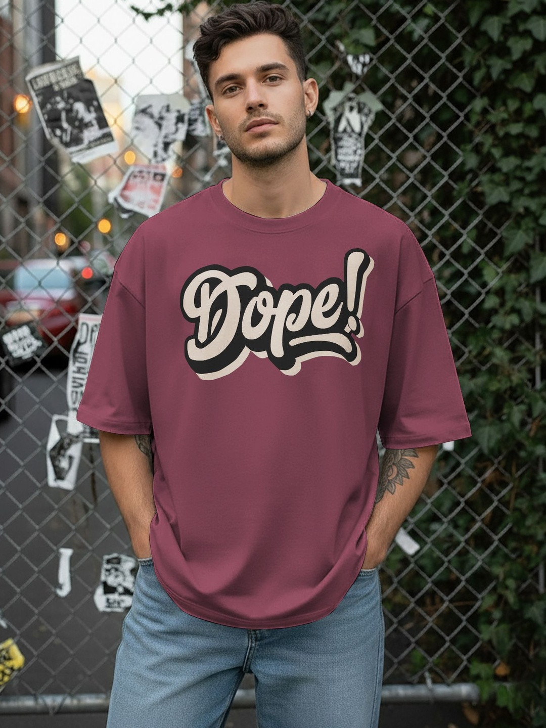 Maroon Oversized Typography T-shirt with Drop-Shoulder Sleeves