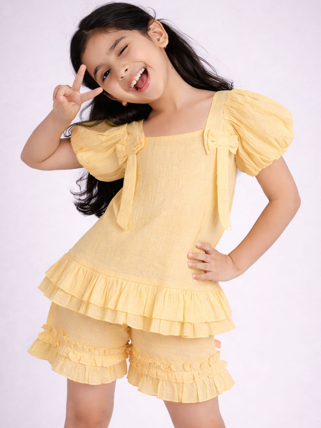 Purple United Kids Girls Light Yellow Cotton Puff Sleeve Top Comfortable Shorts Co ord Set