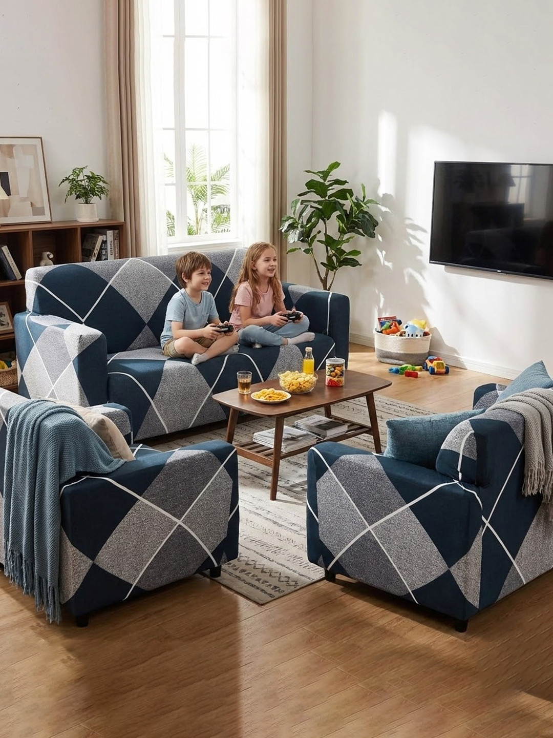 Furshine Blue & Navy Blue Printed Polyester 3 Piece Sofa Cover With Arms