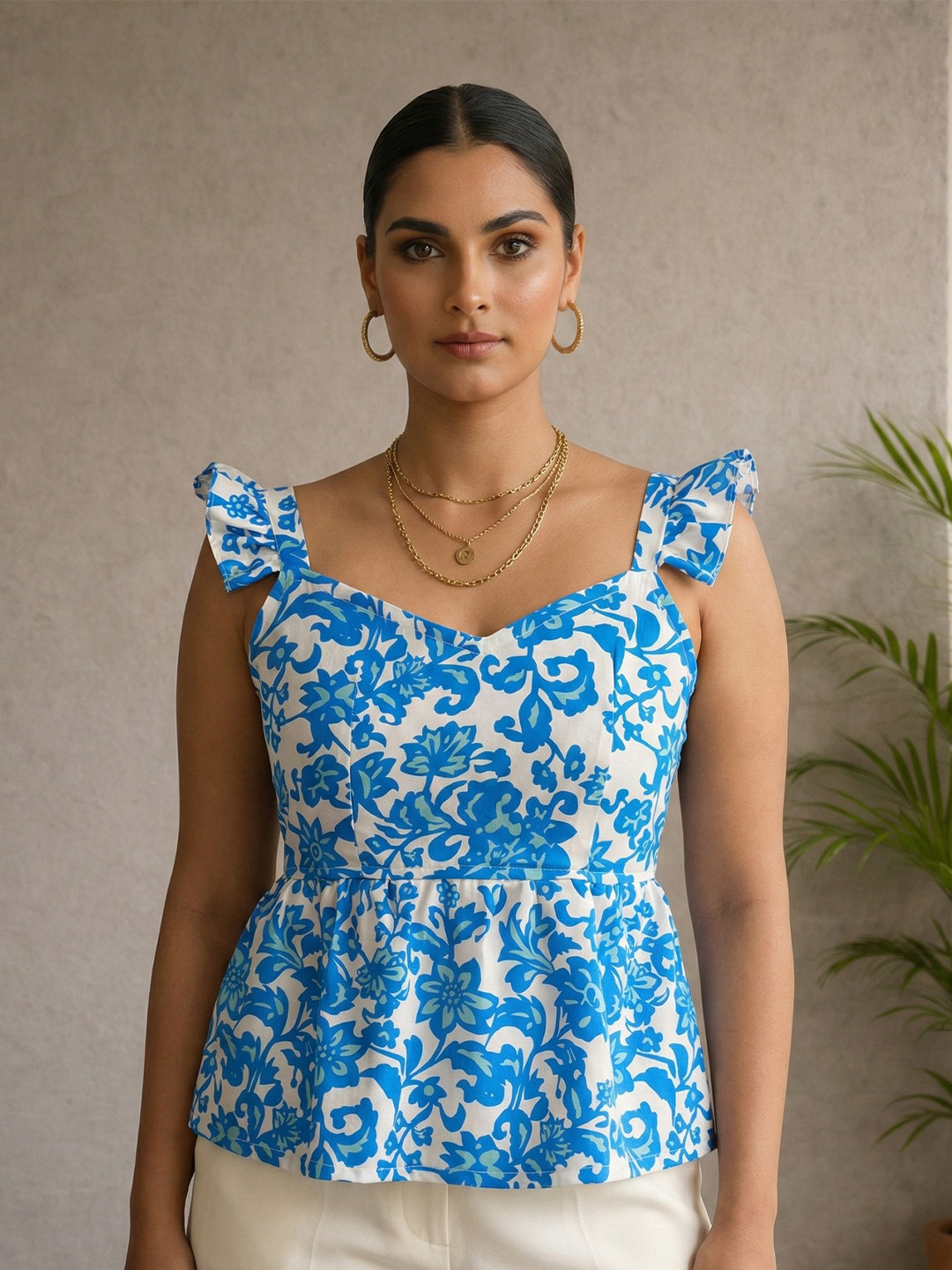 NiloBerry Floral Print Sweetheart Neck Flutter Sleeve Peplum Top