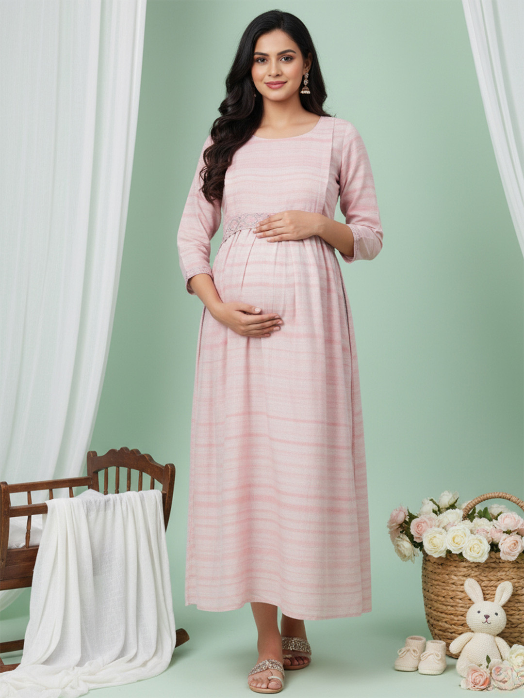 DUMMY SHAPE Striped Embroidered Fit & Flare Midi Pure Cotton Maternity Feeding Dress
