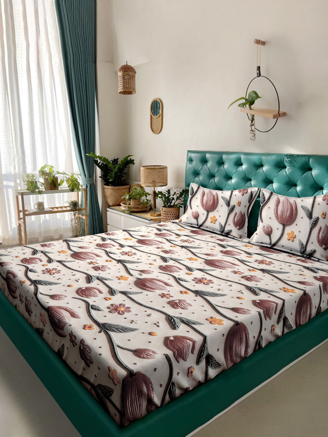 KLOTTHE Cream & Brown Floral Printed Fitted 300 TC King 7D Bedsheet With 2 Pillow Cover
