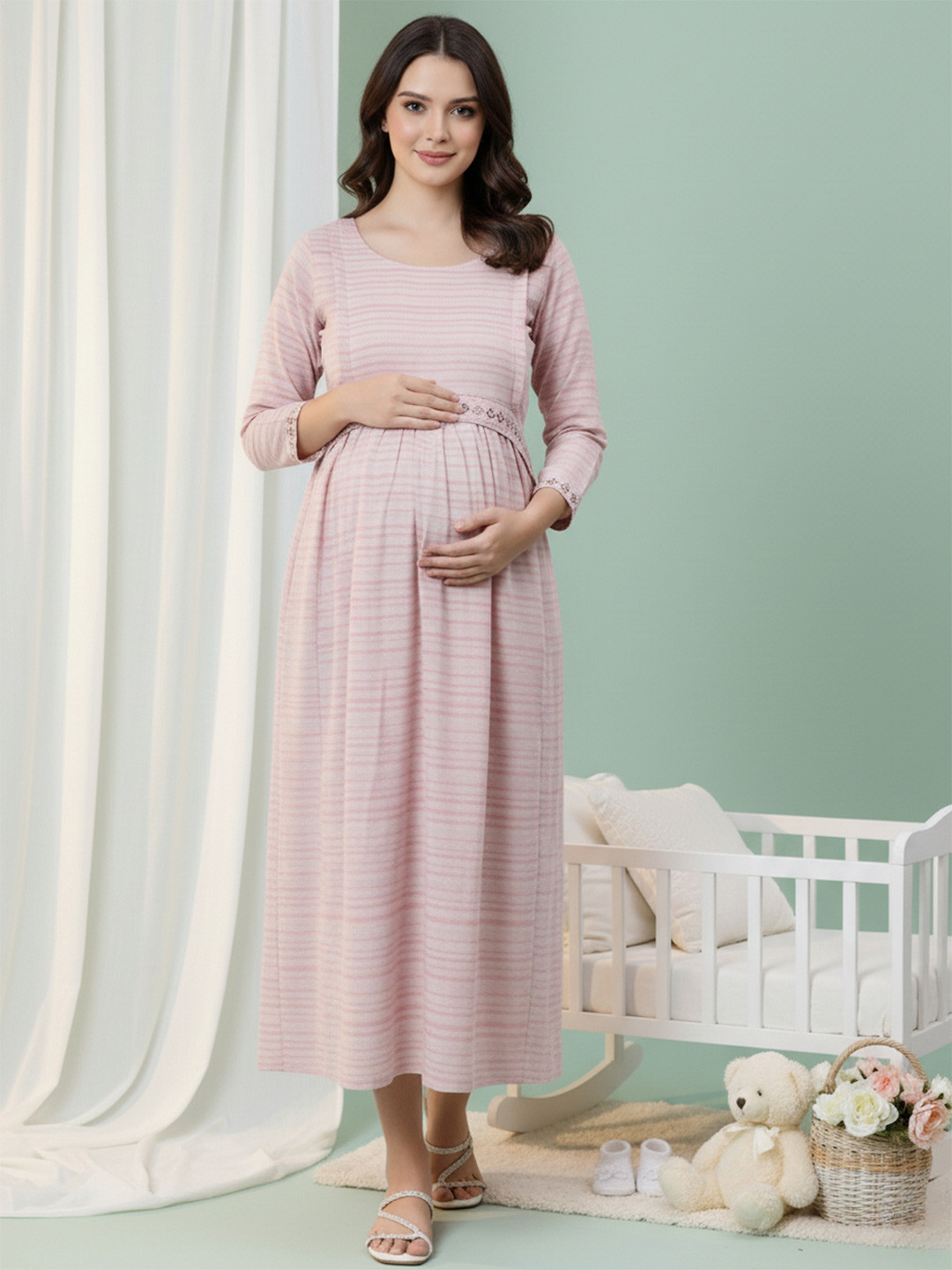 DUMMY SHAPE Striped Embroidered Fit & Flare Midi Pure Cotton Maternity Feeding Dress