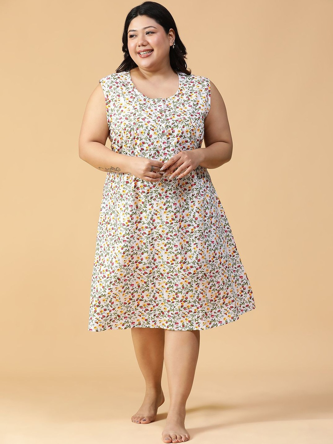 CLOCHOICE Women Plus Size Relaxed Fit Printed Cotton Shot Nightdress