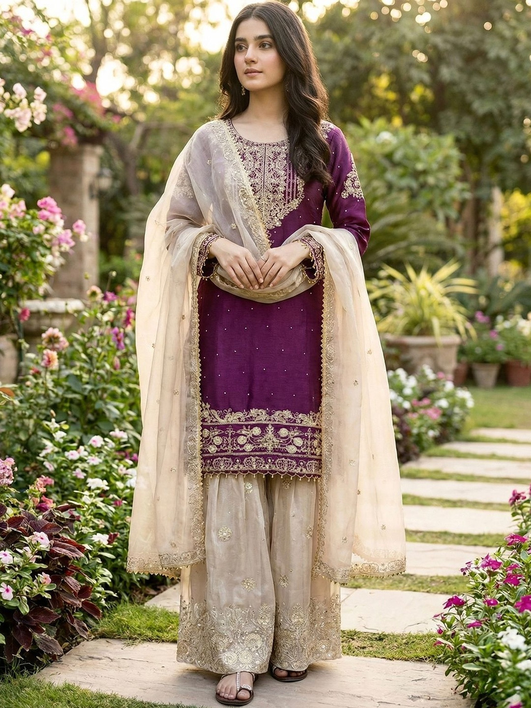 KALINI Women Ethnic Motifs Embroidered Regular Thread Work Kurta with Sharara & With Dupatta