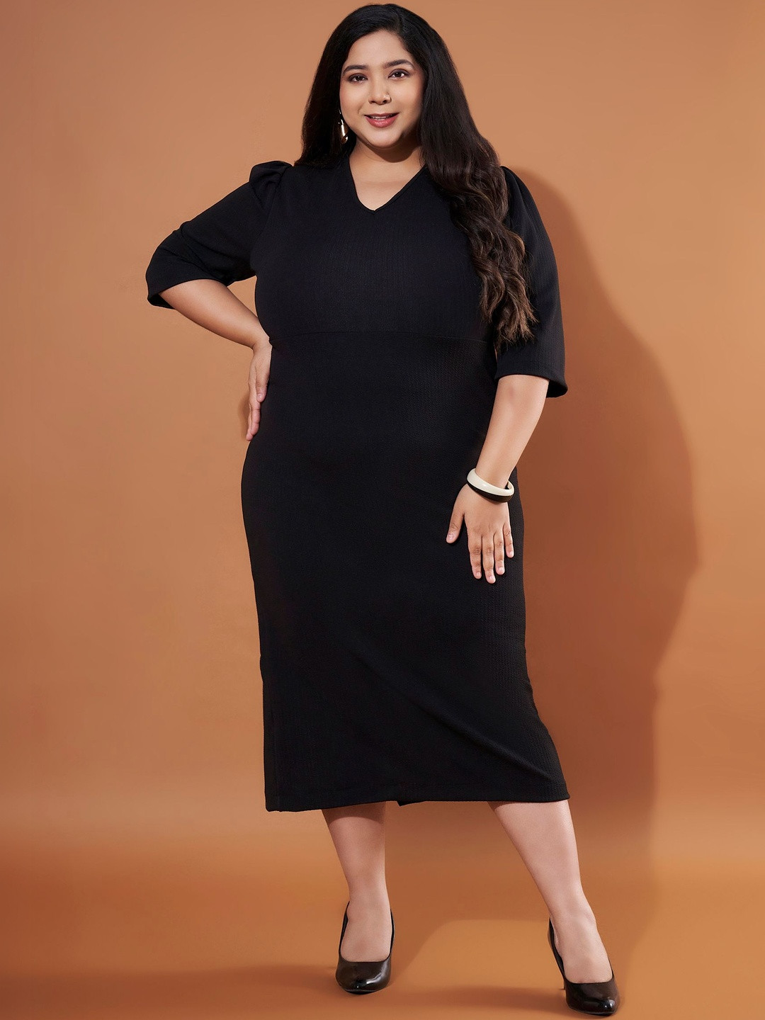 Purple Feather Puff Sleeve Sheath Midi Dress