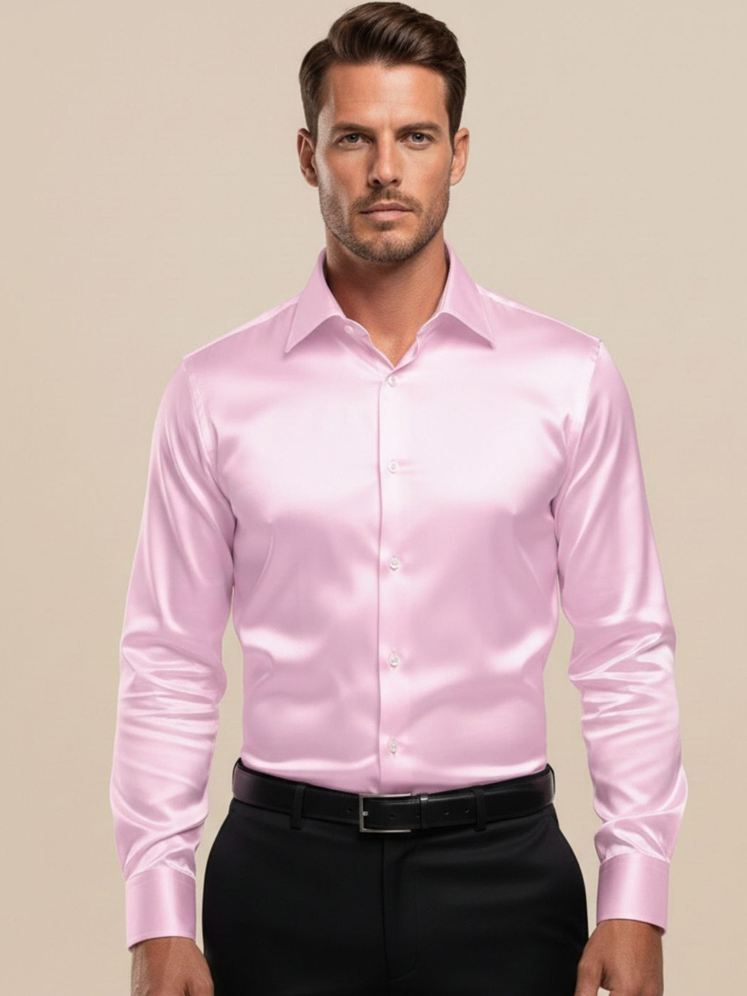 INDOPRIMO Men Solid Spread Collar Satin Formal Shirt