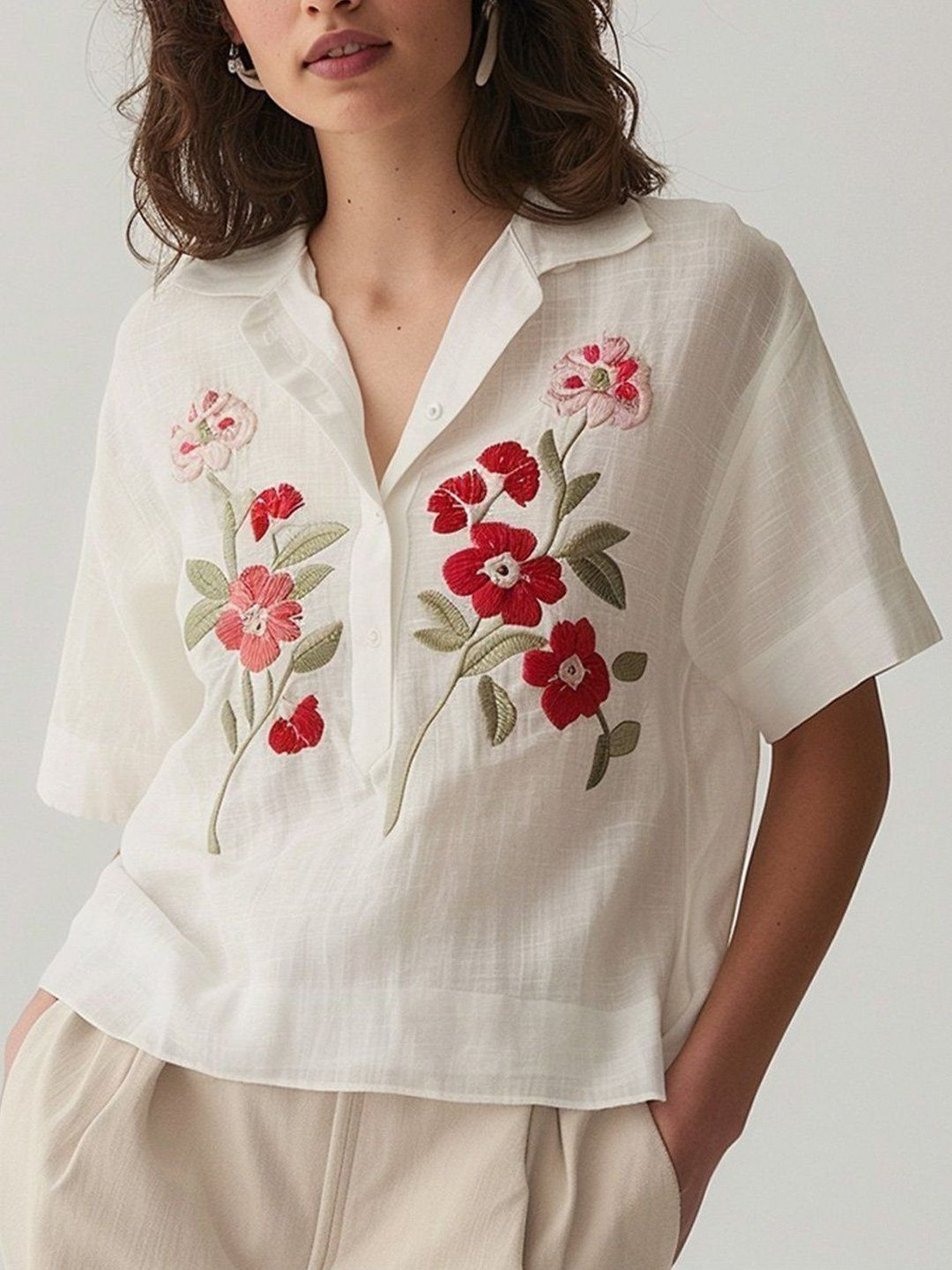 GoSriKi Floral Embroidered Cotton Blend Top