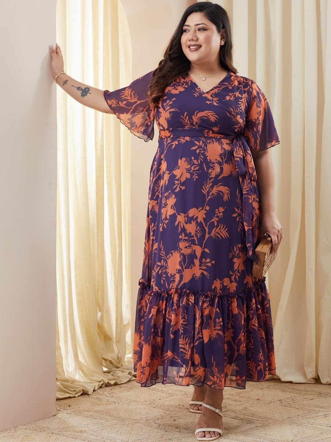 Miss Chase A+ Plus Size Women Floral Wrap Flutter Sleeves & Frilled Hem Maxi Dress