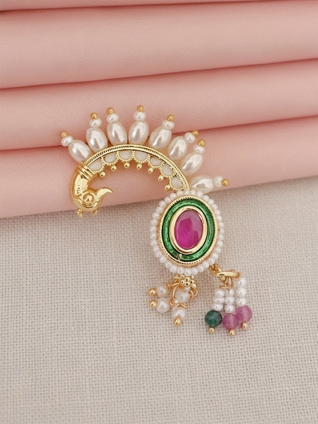 Adwitiya Collection Gold-Plated Stones and Beads Peacock Design Maharashtrian Nath