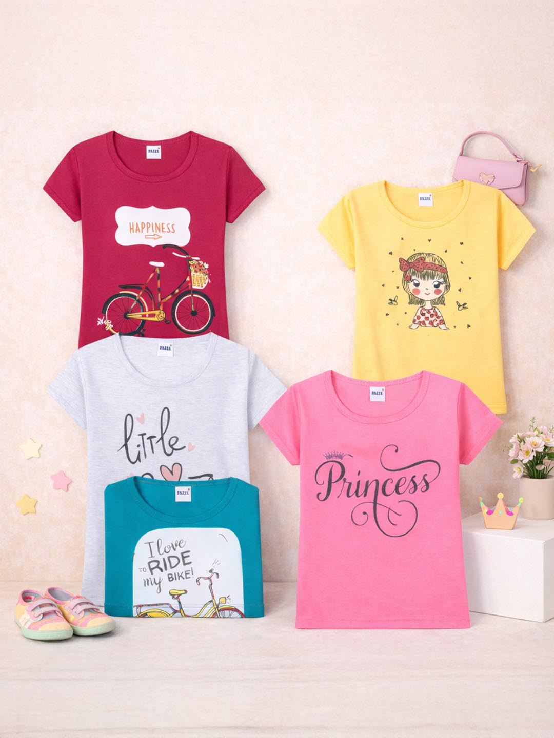 FAZZA Girls Pack Of 5 Printed Cotton Casual T-shirts