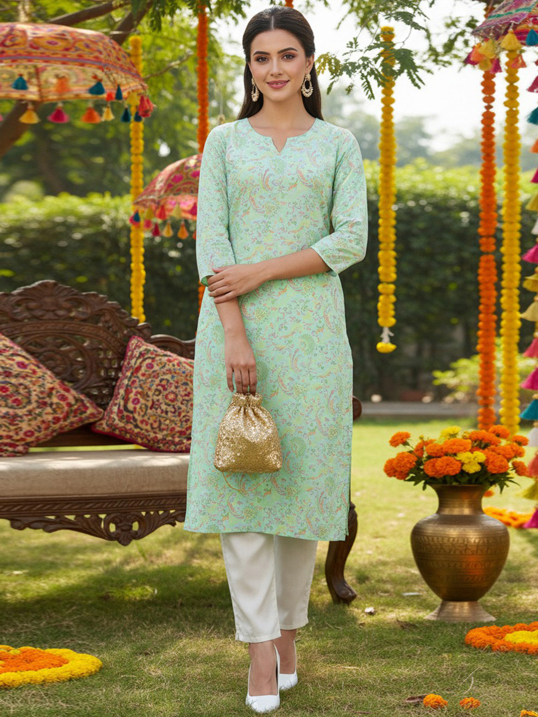 KALINI Women Ethnic Motifs Printed Notched Neck Pure Cotton Straight Kurta