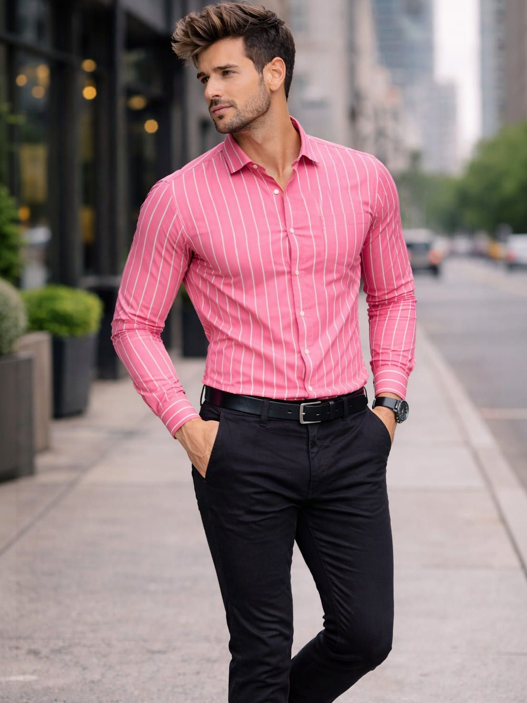 blazstar Men Straight Slim Fit Striped Casual Shirt