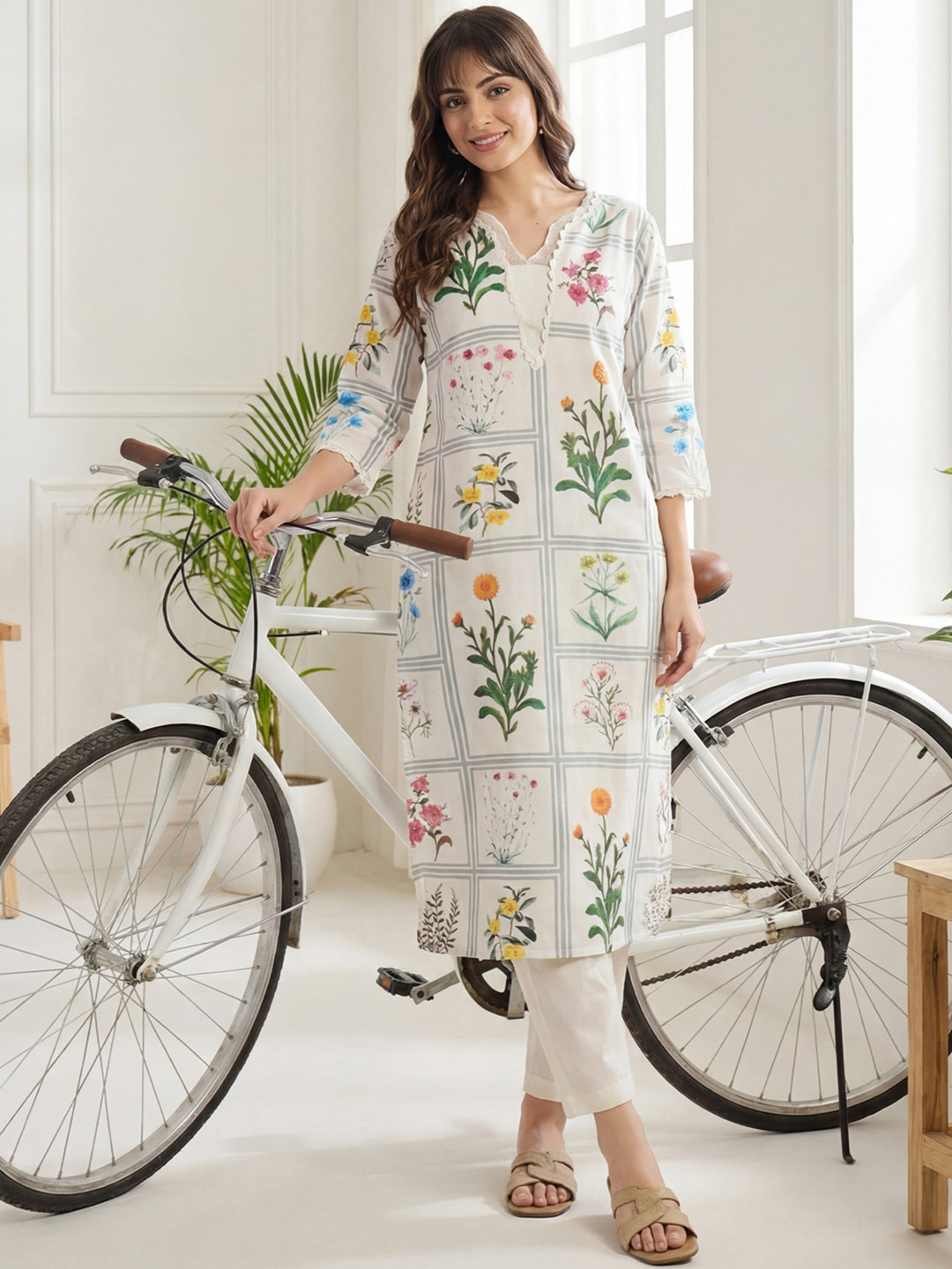 Indo Era Womens Off White Printed Straight Co-Ords Set