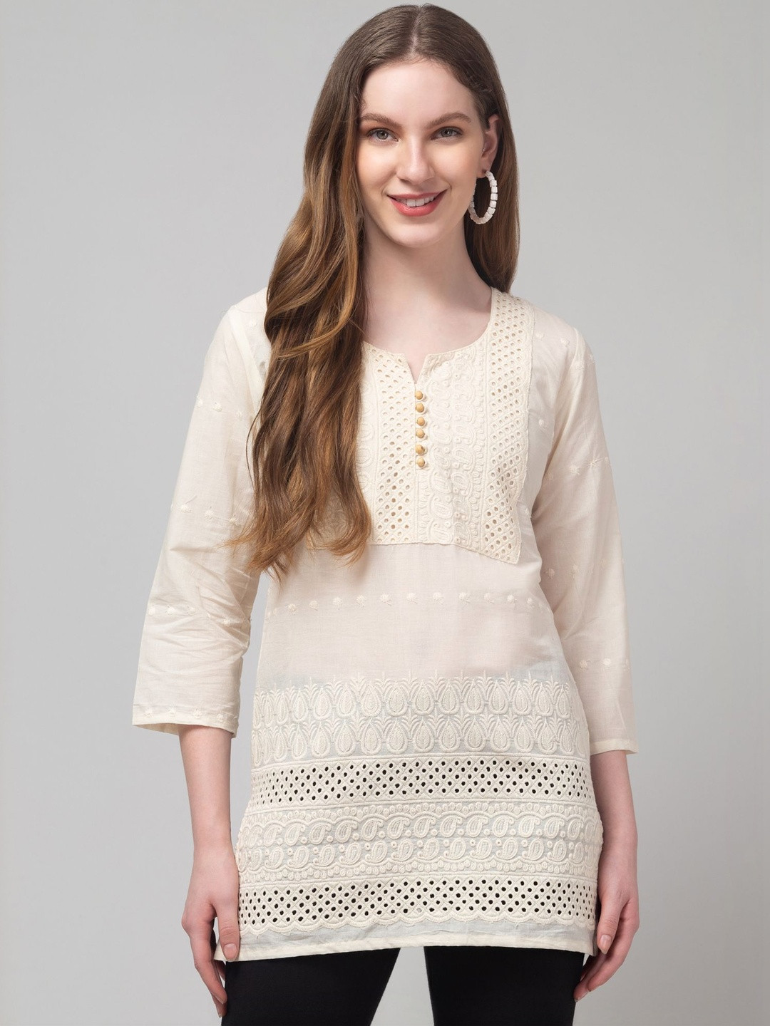 CROWN KING GARMENTS Ethnic Motifs Embroidered V-Neck Chikankari Pure Cotton Chikankari Kurti