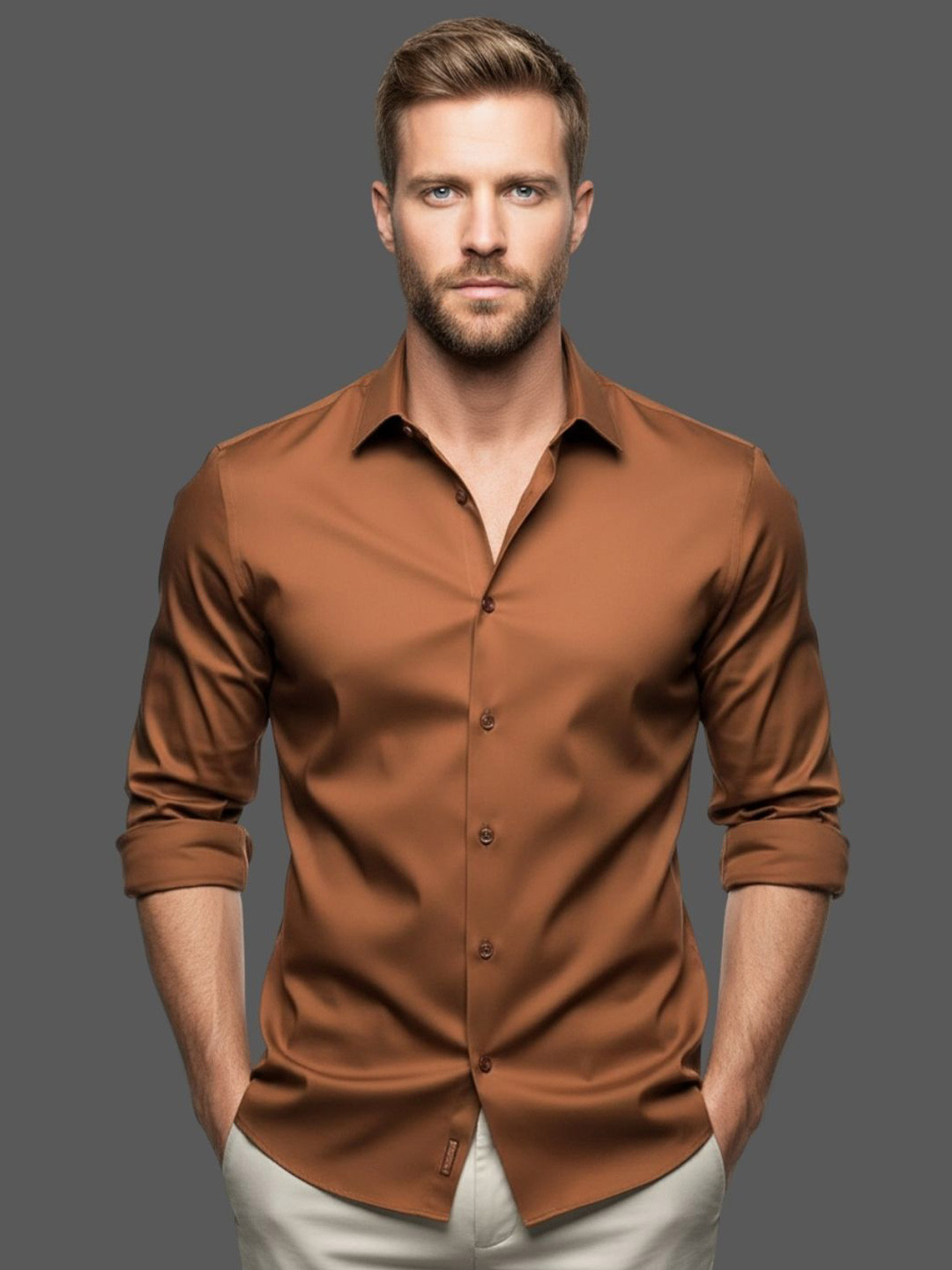 INDOPRIMO Spread Collar Long Sleeves Satin Casual Shirt