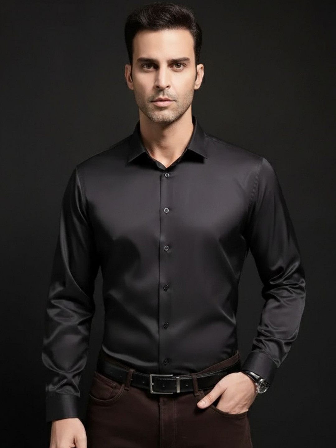 INDOPRIMO Men Solid Spread Collar Satin Formal Shirt