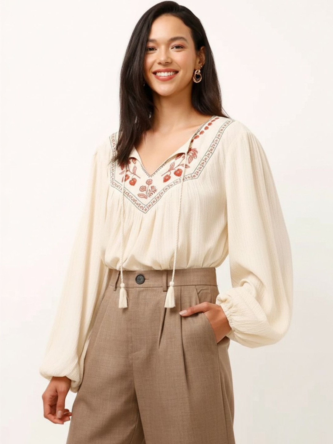Aaghnya Floral Embroidered Bishop Sleeves Bohemian Top