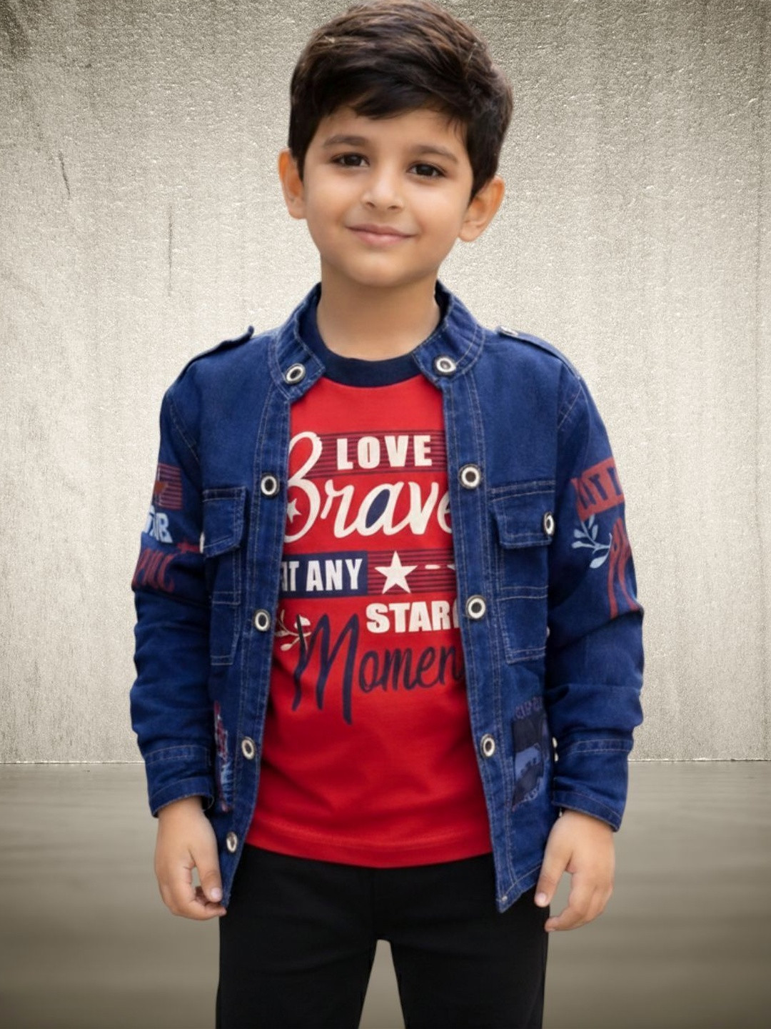 FASHION GRAB Boys Typography Denim Jacket with Embroidered