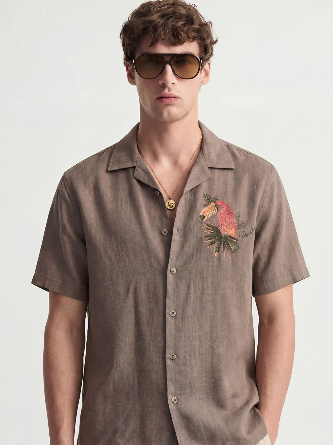 Highlander Men Tan Applique Embroidered Relaxed Shirt