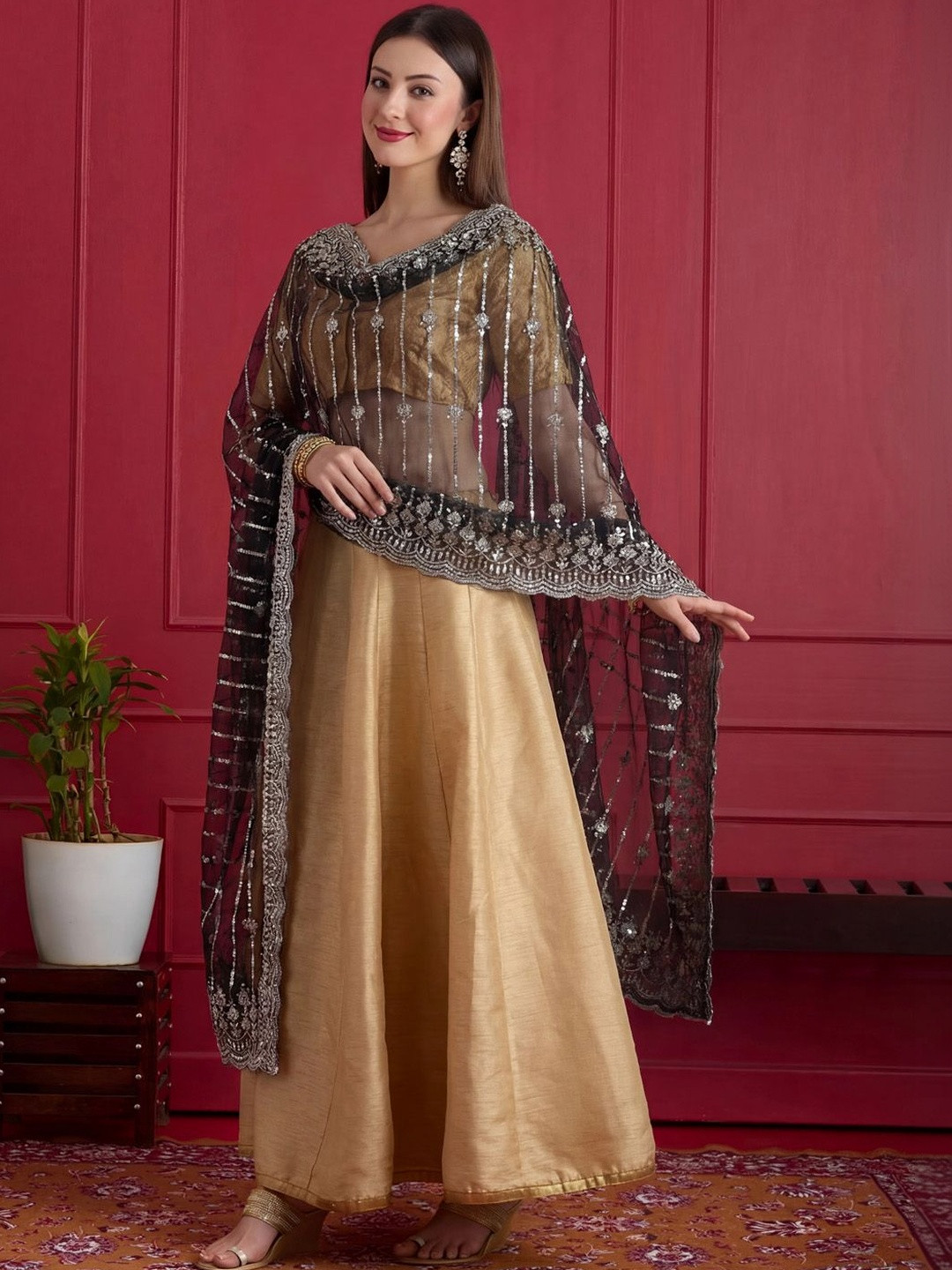 Clora Creation Embroidered Dupatta with Sequinned