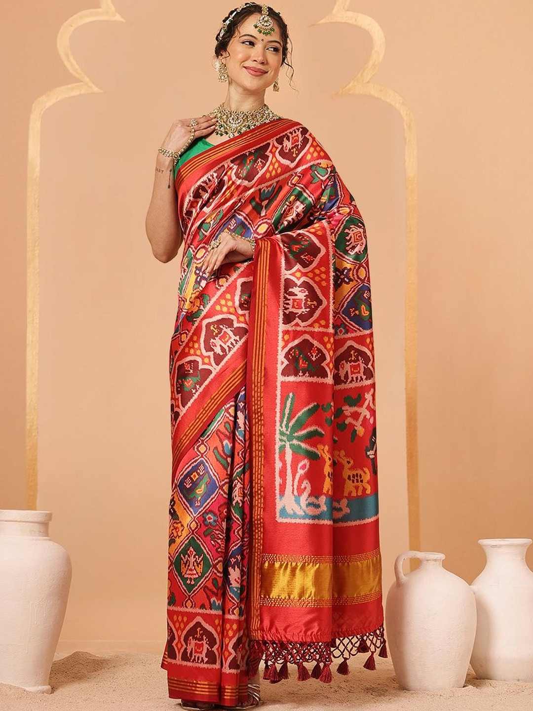 Silk Land Women's Patola Twill Silk Saree With Lagdi Patta Pallu & Tassel