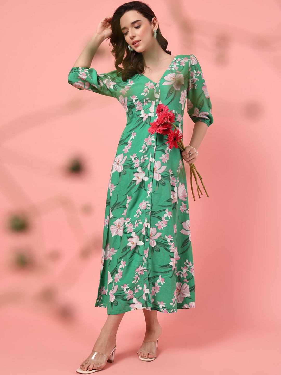 GULABiDRESS Floral Print A-Line Midi Dress