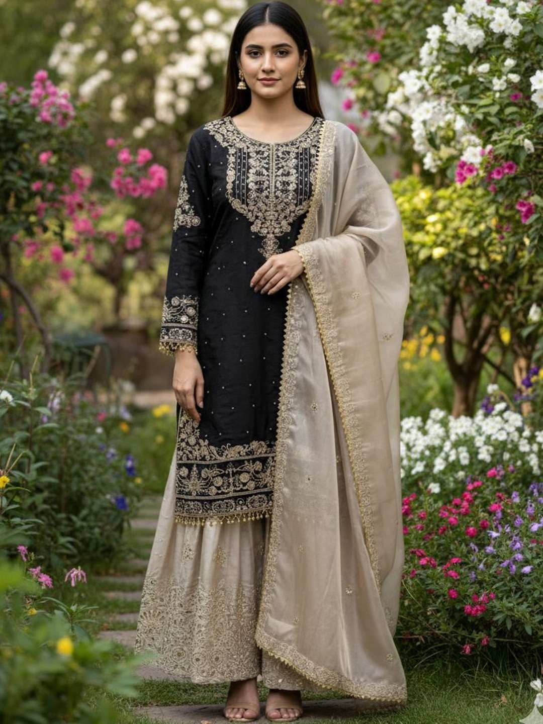Vaidehi Fashion Women Ethnic Motifs Embroidered Regular Thread Work Kurta with Sharara & With Dupatta