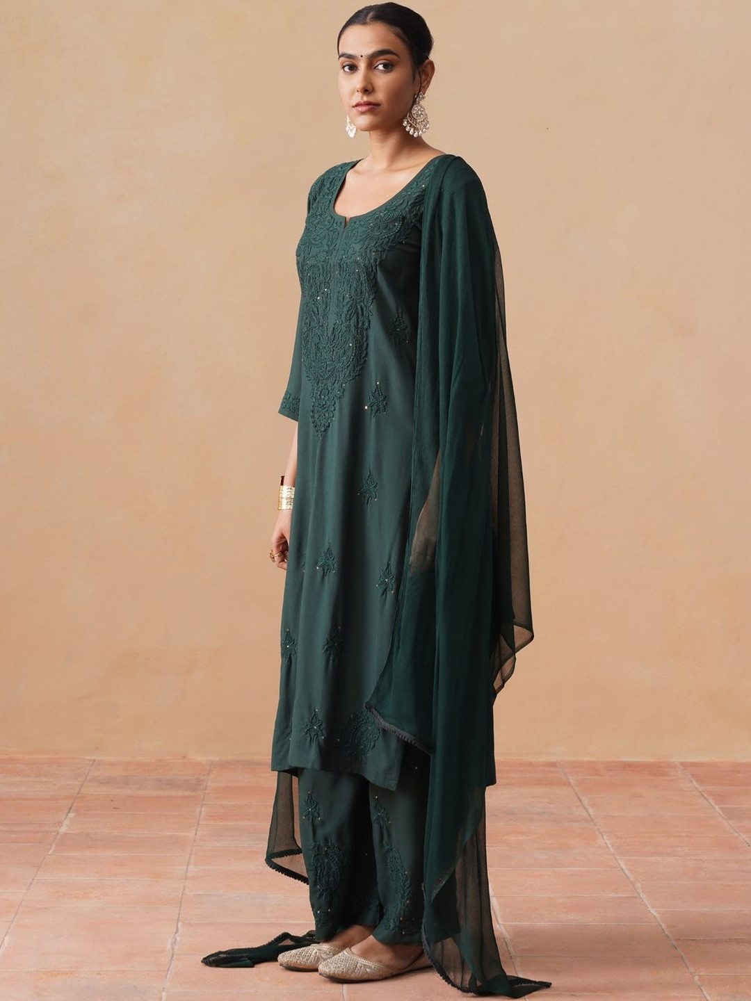 all about you Women Ethnic Motifs Embroidered Regular Thread Work Kurta with Palazzos & With Dupatta