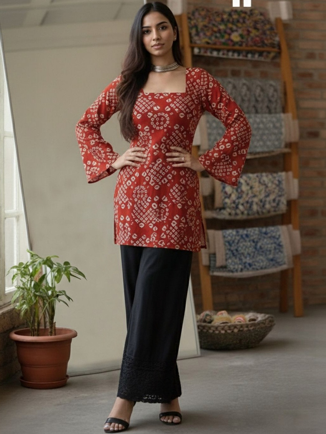 GoSriKi Bandhani Printed Square Neck Flared Sleeves Kurti
