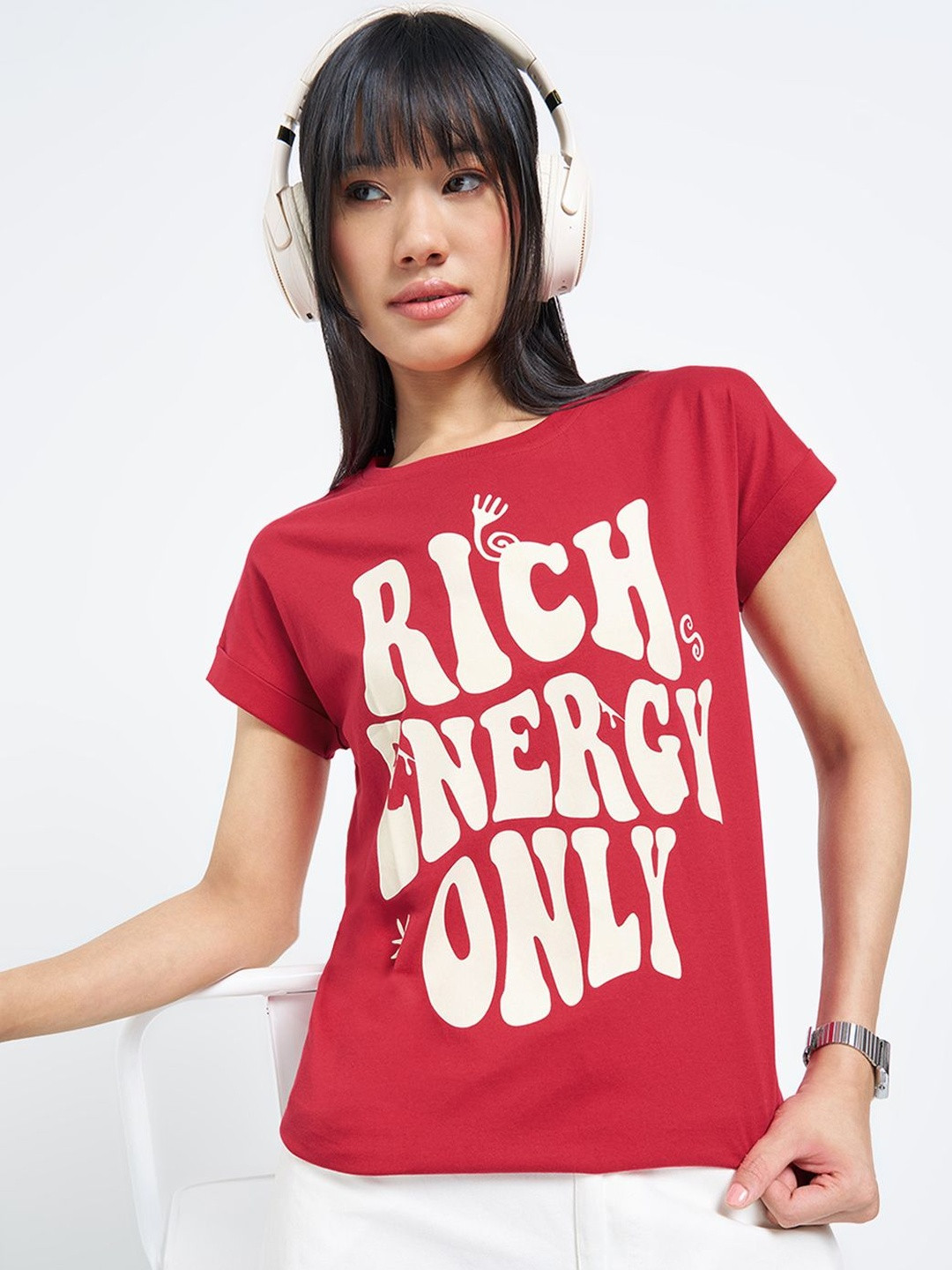 People Women Typography Printed Roll-Up Sleeves T-shirt