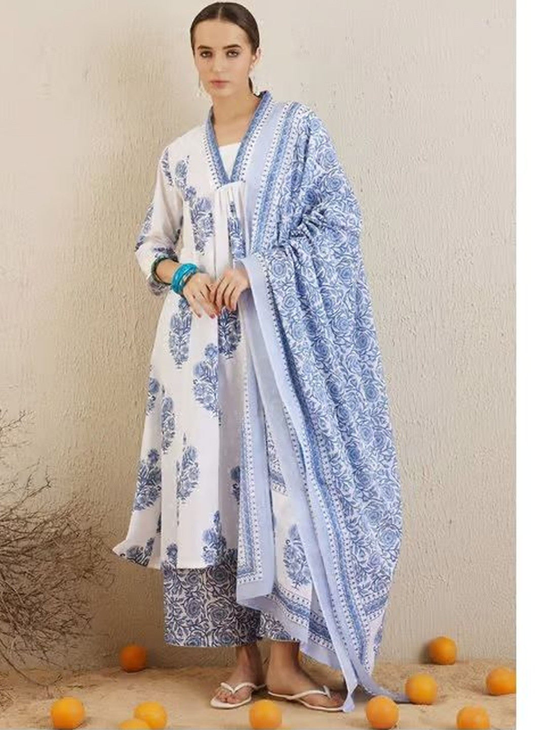 Sangria Printed Pure Cotton V-Neck Kurta Trousers & Dupatta