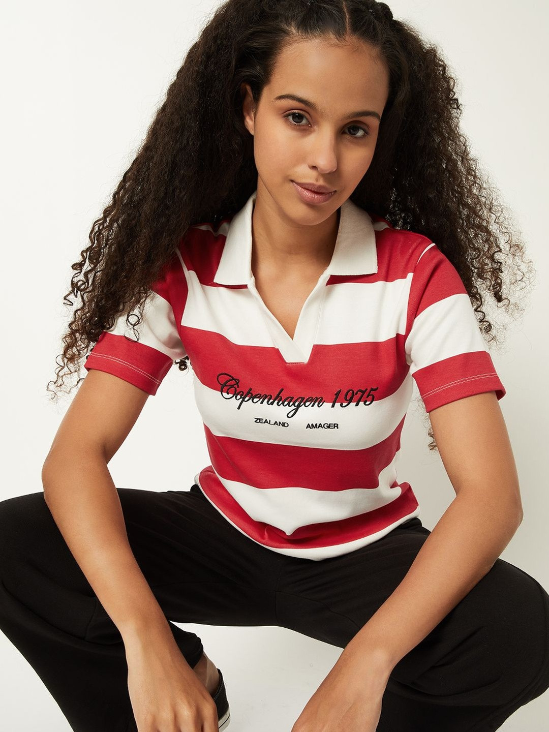 max Women Striped Polo Collar T-shirt