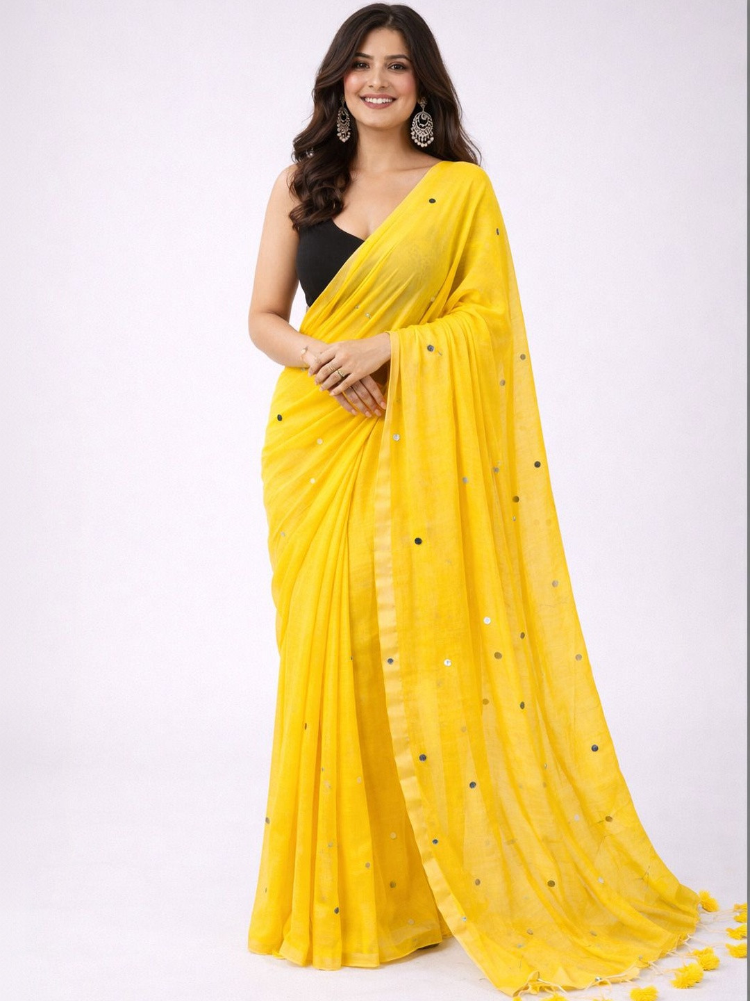 all about you Floral Mirror Work Pure Cotton Khadi Saree