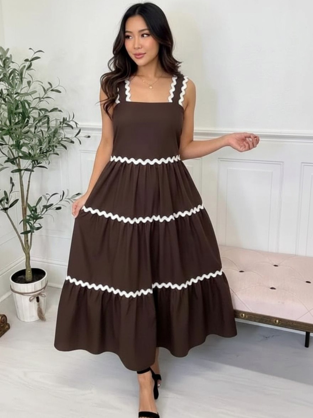 TIARA WORLD Ruffled Crepe Midi Dress