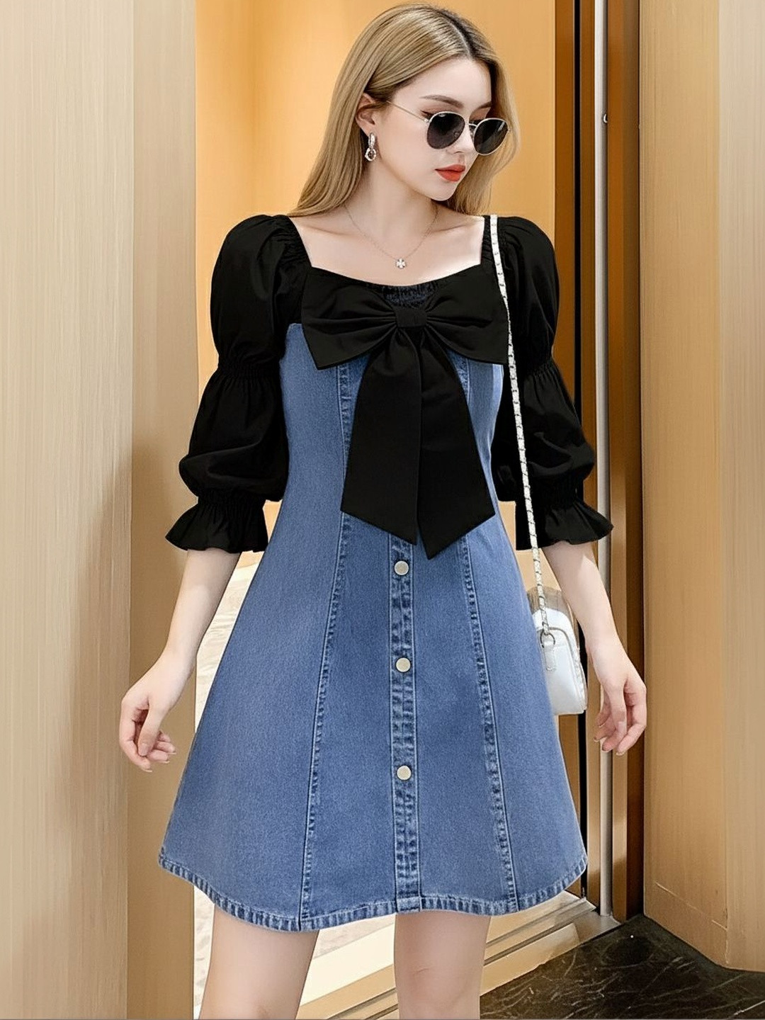 TIARA WORLD Puff Sleeve Denim A-Line Dress