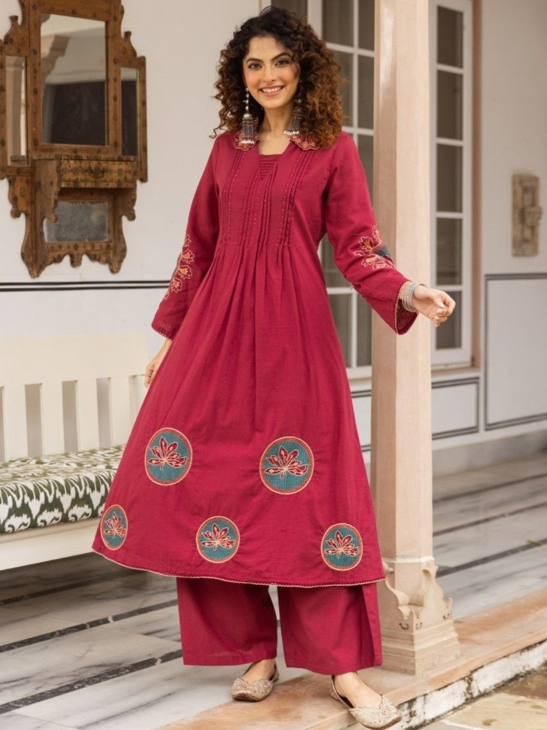 AUTUMN LANE Women Ethnic Motifs Embroidered Panelled Thread Work Pure Cotton Kurta with Palazzos