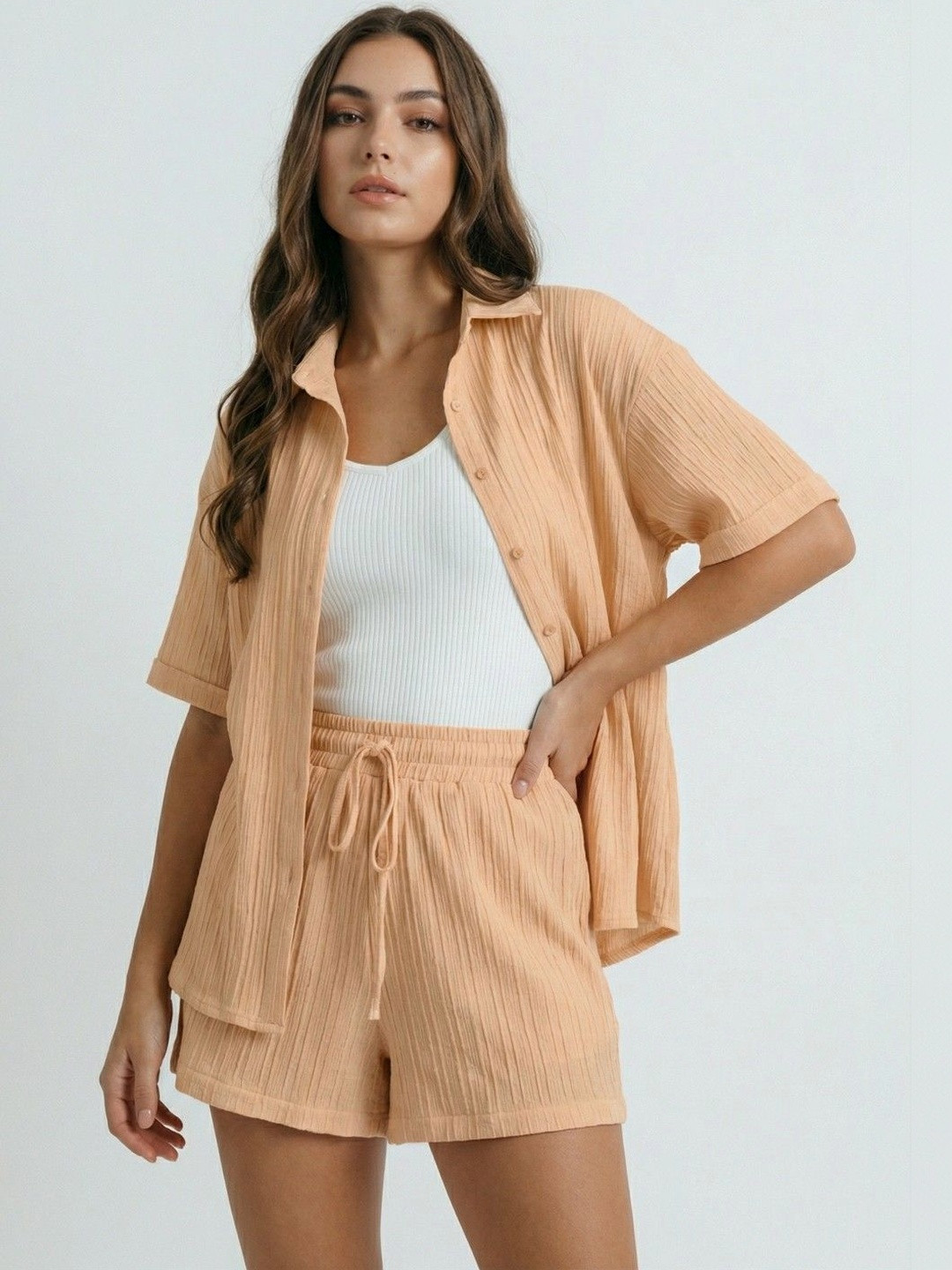 Peach-Coloured Self Design Shirt with Shorts