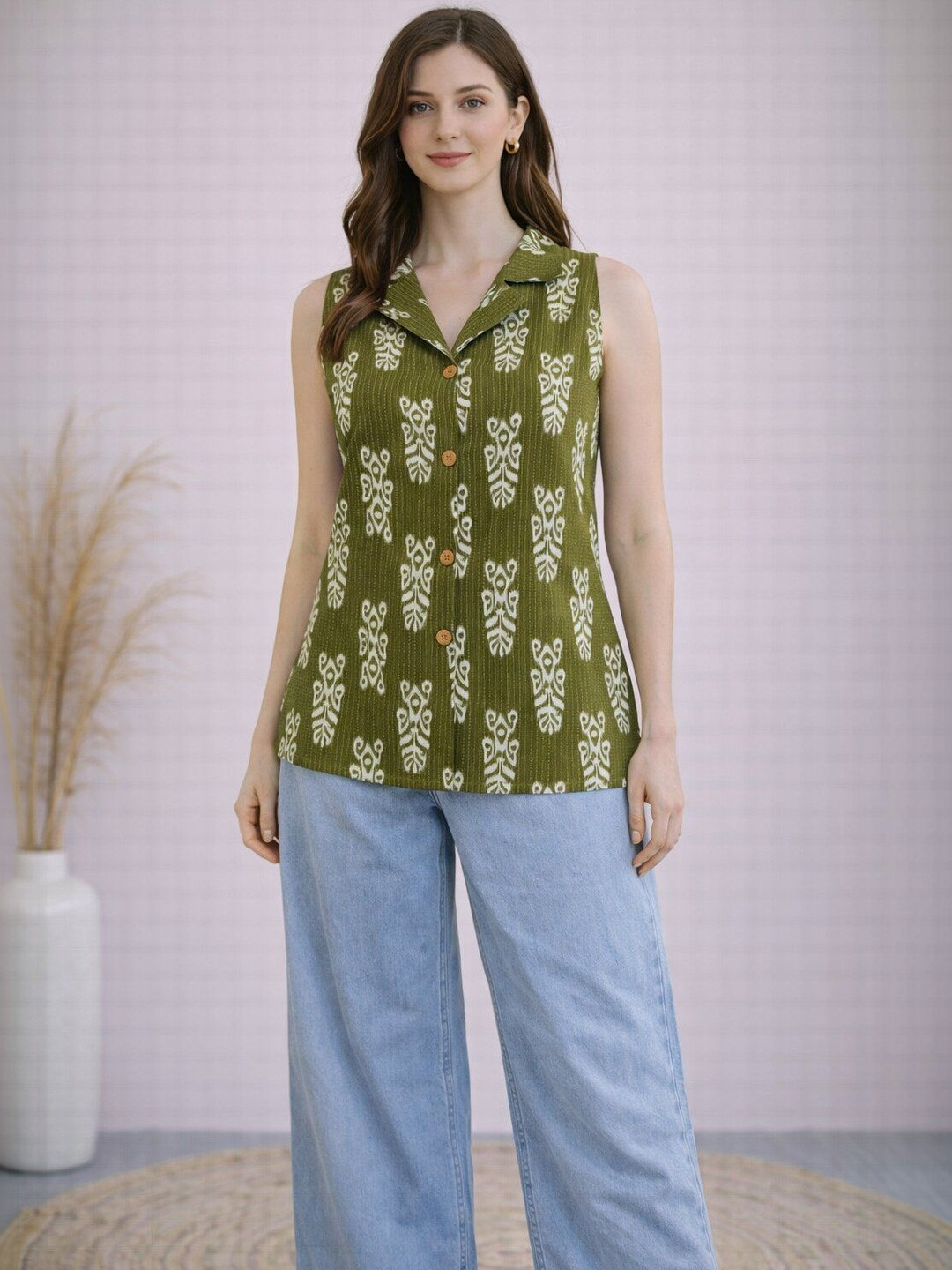 EthniFlair Ethnic Motifs Printed Shirt Collar Pure Cotton Kurti