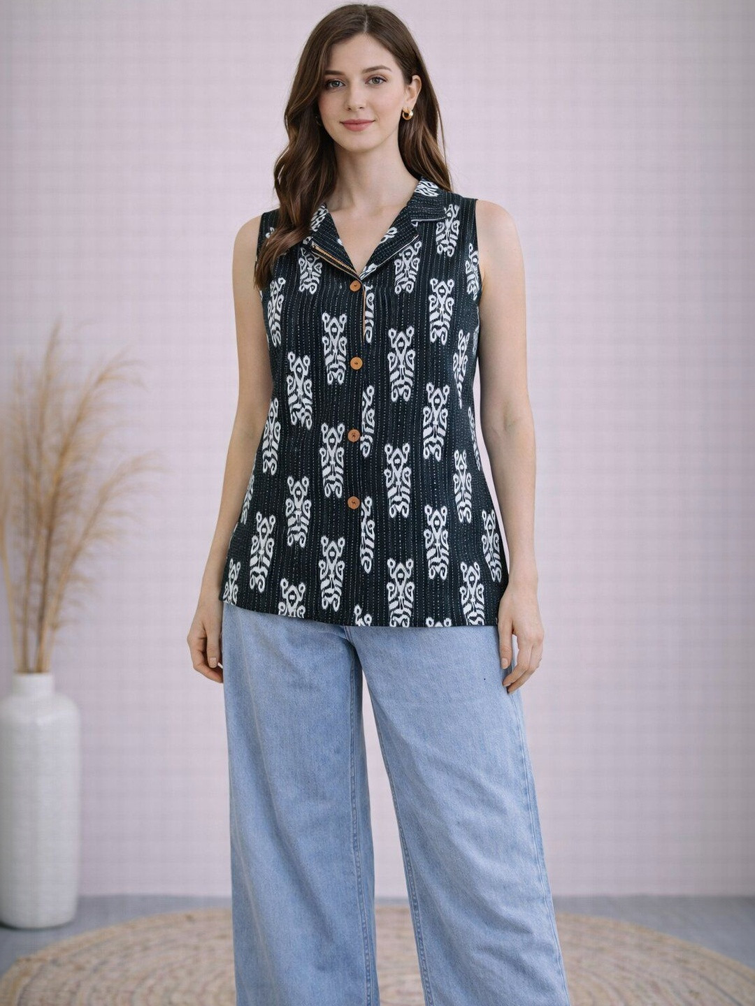 EthniFlair Ethnic Motifs Printed Shirt Collar Pure Cotton Kurti