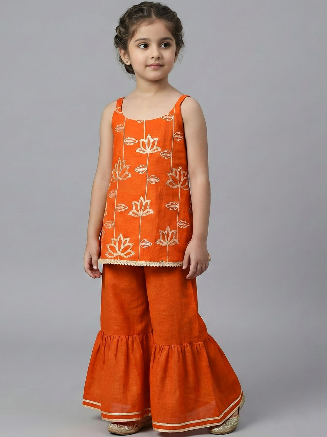 SHAHUDI DESIGNER Girls Floral Embroidered Regular Raw Silk Kurta with Sharara