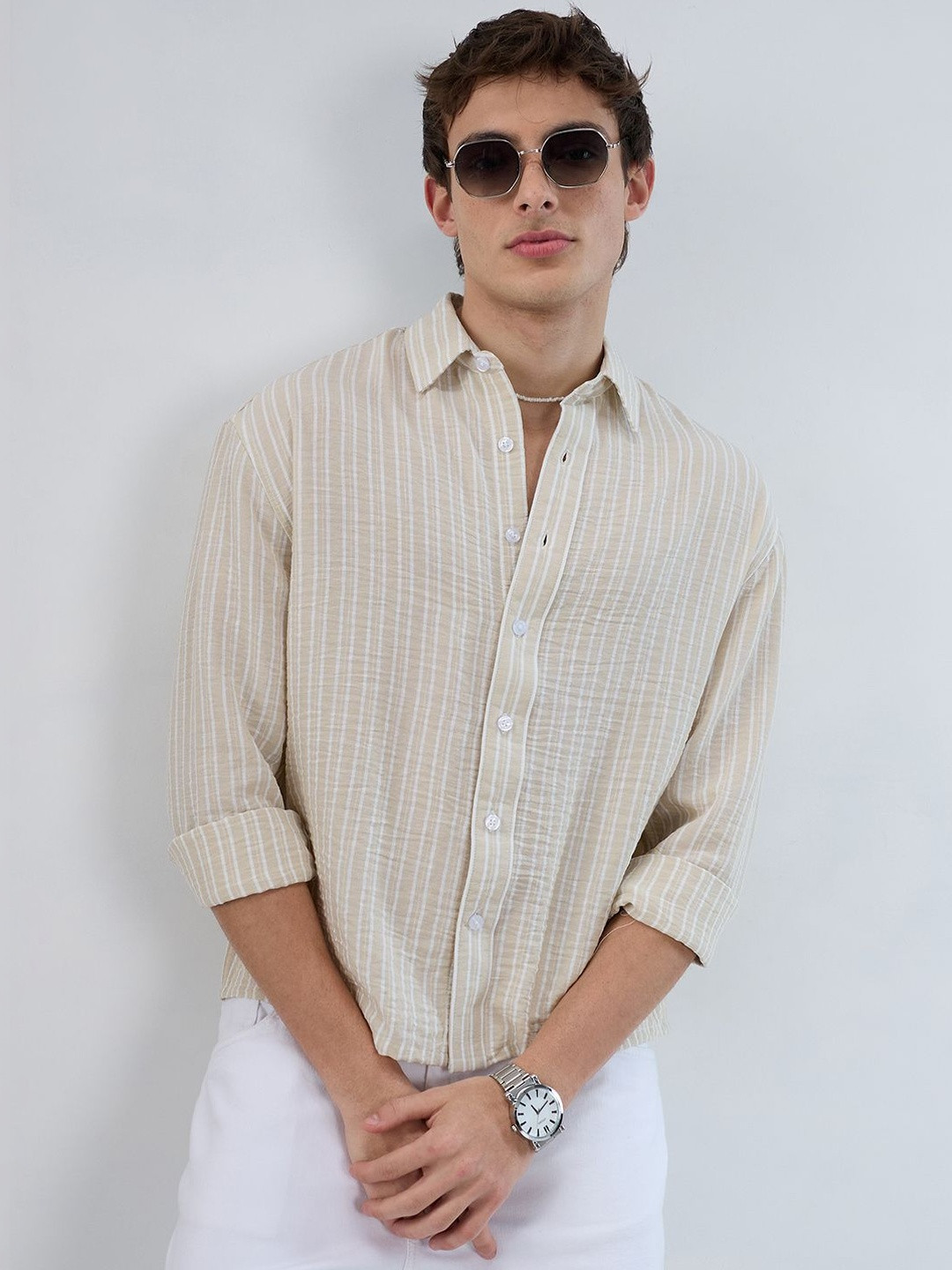 VASTRADO Beige Vertical Striped Crinkled Boxy Fit Crop Shirt