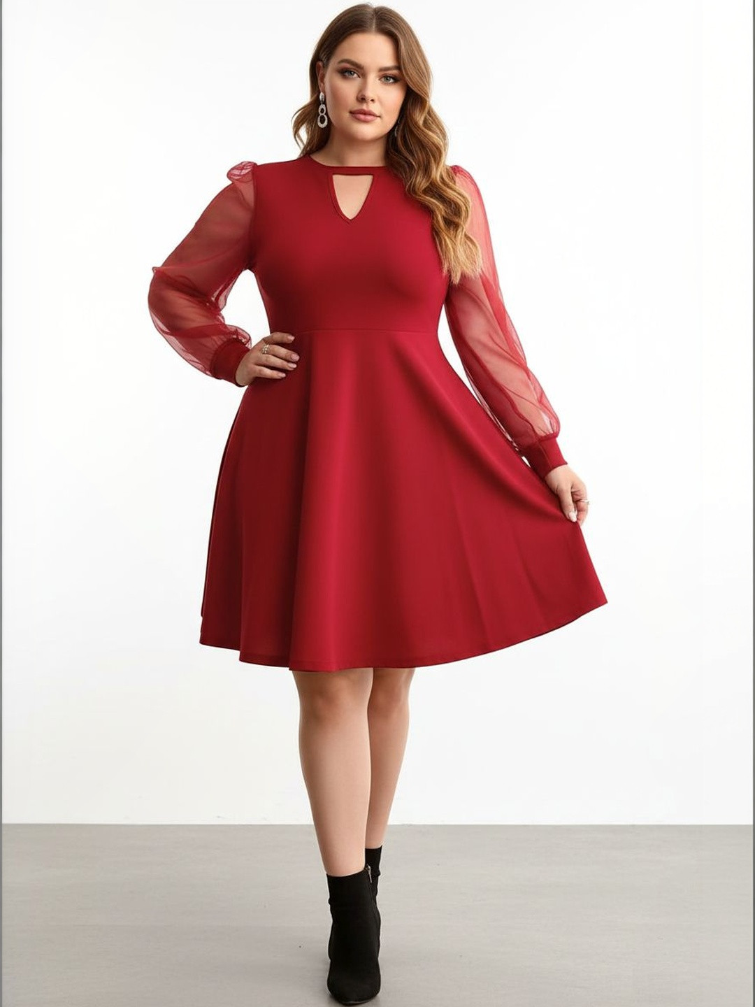 C4D Keyhole Neck Bishop Sleeve Fit & Flare Dress