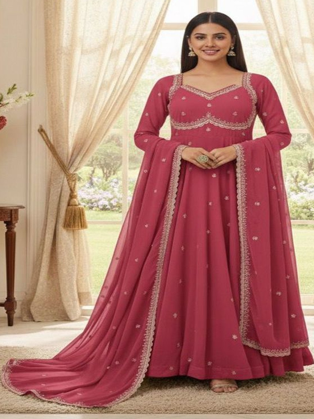 PRIMORDIAL Floral Embroidered Georgette A-Line Maxi Dress