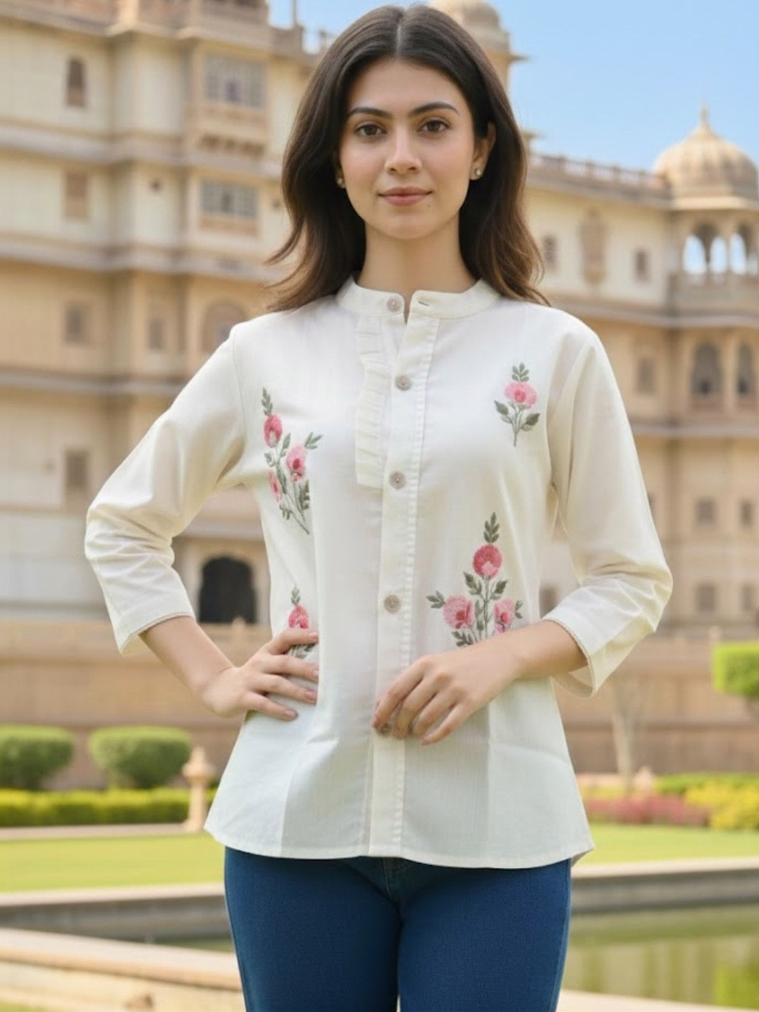 YOELLA Floral Embroidered Mandarin Collar Ruffles Organic Cotton Top