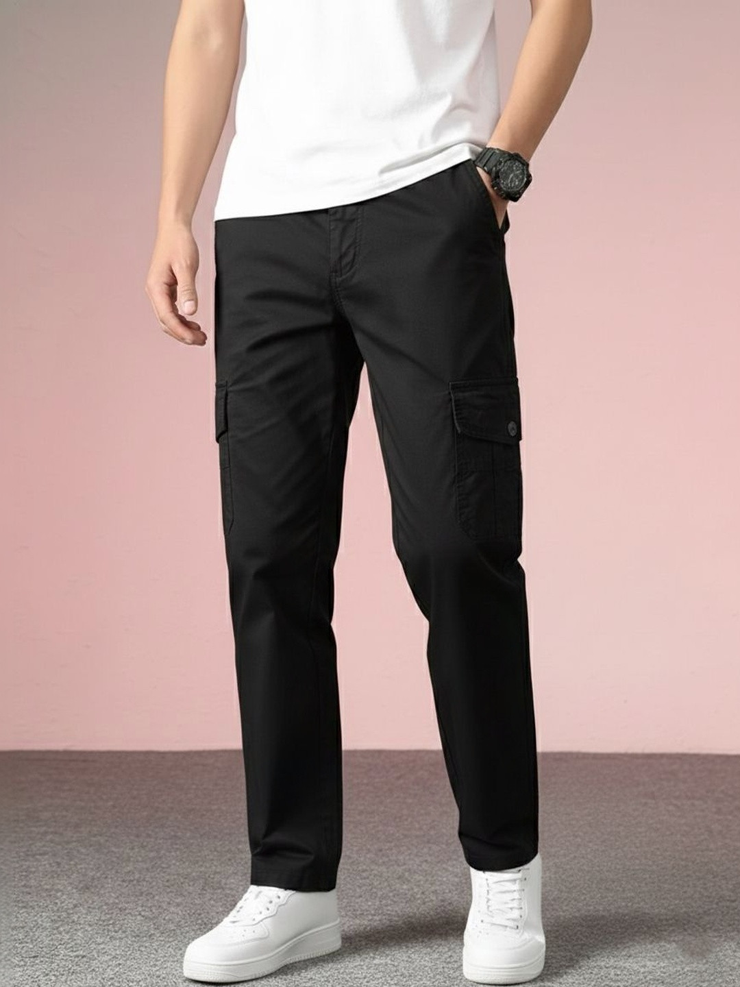 GREENFLAIR Men Relaxed Straight Leg Loose Fit Cargos Trousers